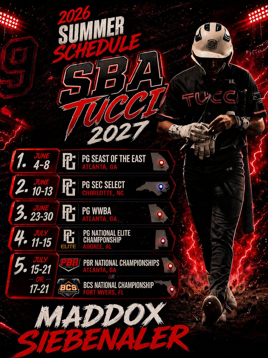 MaddoxSieb9_'s tweet photo. Here's my summer schedule. I'll be playing infield wearing #9. 
@mark10miller @chase_bishop13 @SBATheShow @CuttyCavsBBall @jakerobbins49 https://t.co/03Y0st8THQ