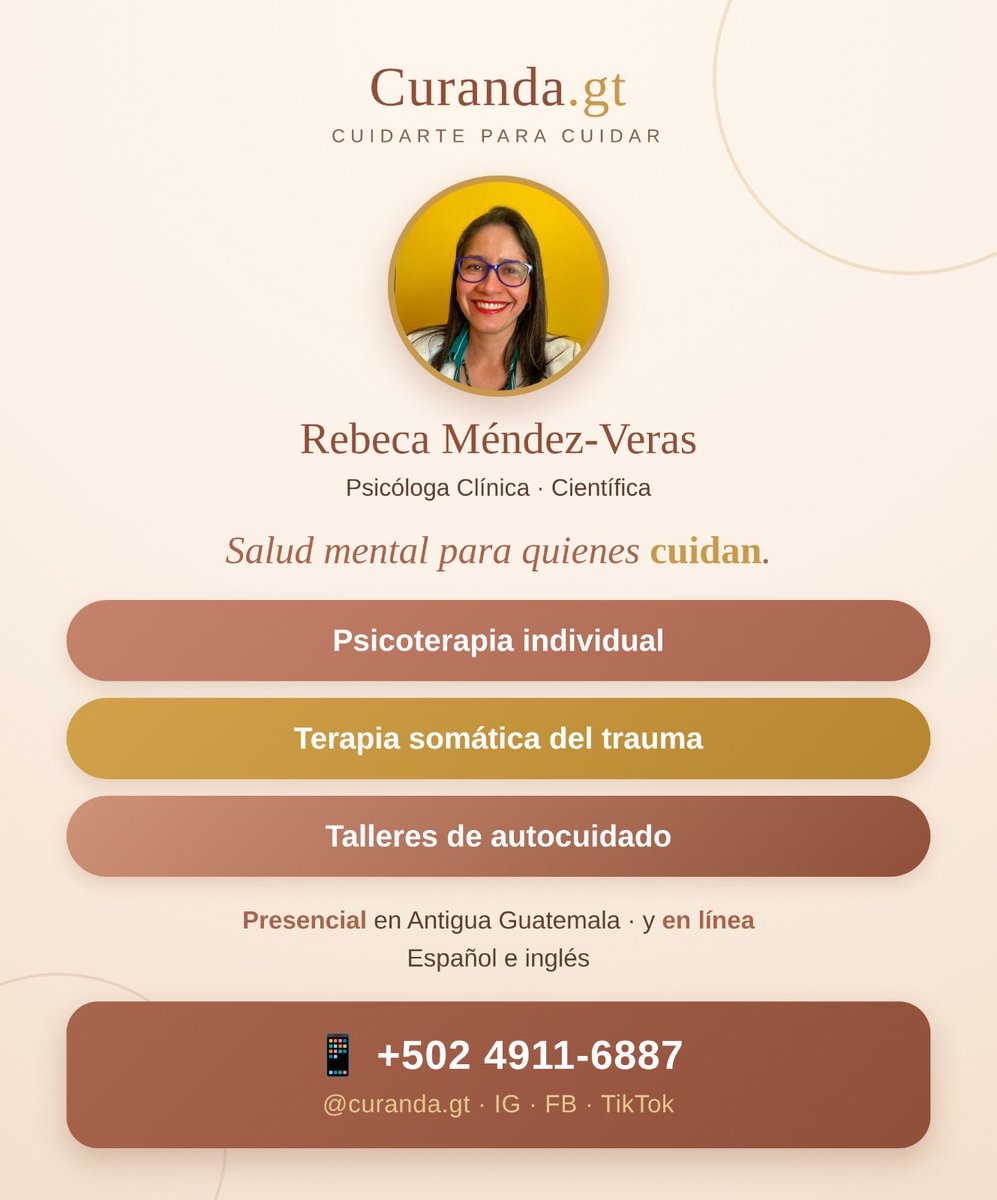 sebuscaGalatea's tweet photo. Les comparto la página web de mi clínica de psicología:

🌿 https://t.co/YryvdGnxEA salud mental para quienes cuidan.
Psicoterapia, terapia somática del trauma y talleres de autocuidado. 

Presencial en Antigua y en línea.

👉 https://t.co/H5XMgmrBVU

#SaludMental #Cuidadores https://t.co/eMPL5kp9yl