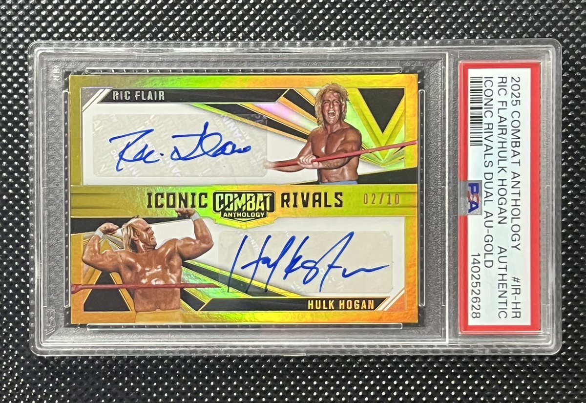 NoHoldsCards's tweet photo. RIC FLAIR HULK HOGAN COMBAT ANTHOLOGY GOLD AUTO /10 PSA AUTHENTIC 🤼 

$2500

This is just an epic card
No sales of Golds of these
Truly AWESOME

#NOHOLDSALE🐻 https://t.co/4caZrREfeM