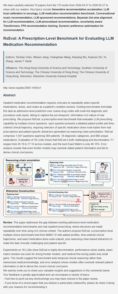 BayCoralee26992's tweet photo. Recommendation latest research progress | 3. RxEval: A Prescription-Level Benchmark for Evaluating LLM Medication Recommendation
#AI  #DeepLearning  #ArtificialInteligence  #Datascience  #Research  #recsys https://t.co/5BfstAjqqu