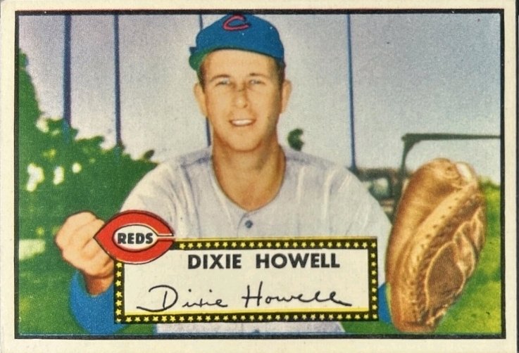 WGSCARDS's tweet photo. How about a little Dixie in today's walk through the 1952 @Topps set. Dixie Howell csrd #135 is shown here with the vibrant colors and catchers mitt in focus. Dixie was a teammate of Jackie Robinson in Montreal 1946. This card again exhibits the amazing artwork Sy Bergers team wanted in this second series of cards @CardPurchaser