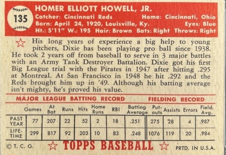 WGSCARDS's tweet photo. How about a little Dixie in today's walk through the 1952 @Topps set. Dixie Howell csrd #135 is shown here with the vibrant colors and catchers mitt in focus. Dixie was a teammate of Jackie Robinson in Montreal 1946. This card again exhibits the amazing artwork Sy Bergers team wanted in this second series of cards @CardPurchaser