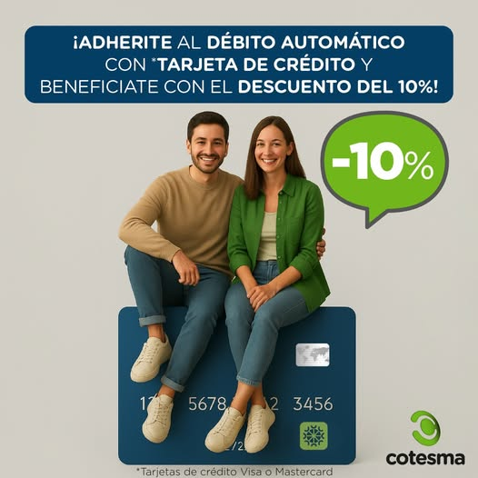 cotesma's tweet photo. Adherite al #DébitoAutomático con #TarjetaDeCrédito y obtené 10% de #DESCUENTO en tu factura cada mes 💳

Pedilo todos los días:
☎ Centro de At. Telef (8 a 23 h) 0800-999-1160
💬 Cotesma En Línea (WhatsApp): 8 a 22.30 h → +54
9 294 4141420 (luego ingresá a Gestión Comercial) https://t.co/TmQBmsYXQb