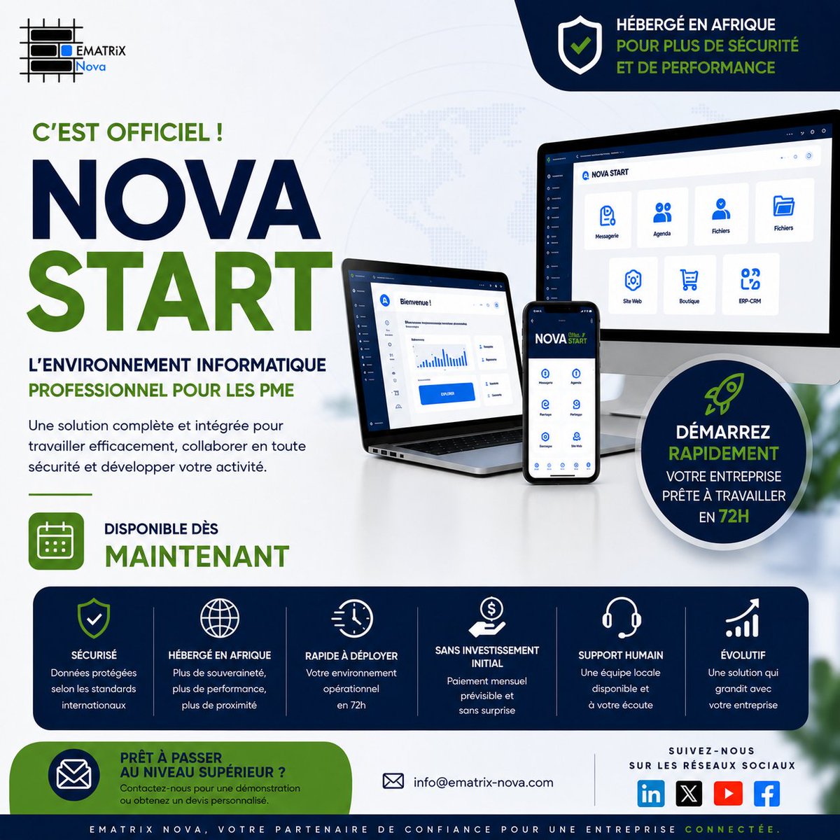ematrix_nova's tweet photo. 🚀 C'est officiel ! NOVA START est disponible.

L'environnement informatique conçu pour les PME :

✓ Messagerie
✓ Agenda
✓ Partage de fichiers
✓ Site web
✓ ERP-CRM

📧 info@ematrix-nova.com
🌍 https://t.co/75YQeLShr6

#NOVAStart #PME #Digitalisation #Afrique https://t.co/oc6kHuAeO4