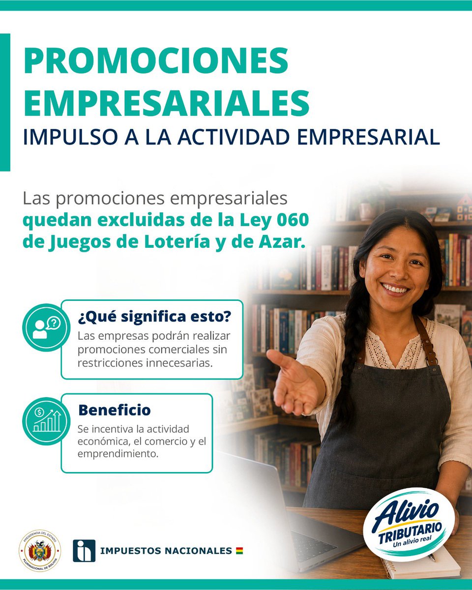 sinbolivia's tweet photo. 📢 Las promociones empresariales quedan excluidas de la Ley 060 🇧🇴
✅ Más facilidades para promociones comerciales ✅ Impulso al comercio y al emprendimiento
📲 https://t.co/WehLRNBgfd
#SiempreBolivia #Impuestos #CumplimientoVoluntario #AlivioTributario #Emprendimiento https://t.co/4h7sk7Ao1O