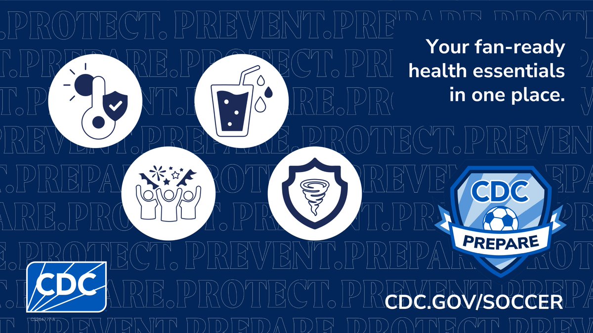 CDCemergency's tweet photo. CDC is getting game ready as we gear up for the upcoming summer soccer games. ⚽

Fans, start your prep early so you're ready to bring the energy on June 11 and beyond. 

Explore tips, checklists, and more ➜ https://t.co/m7WWxaQDwe

#SoccerSafetyUSA https://t.co/XzRoGY8BXP