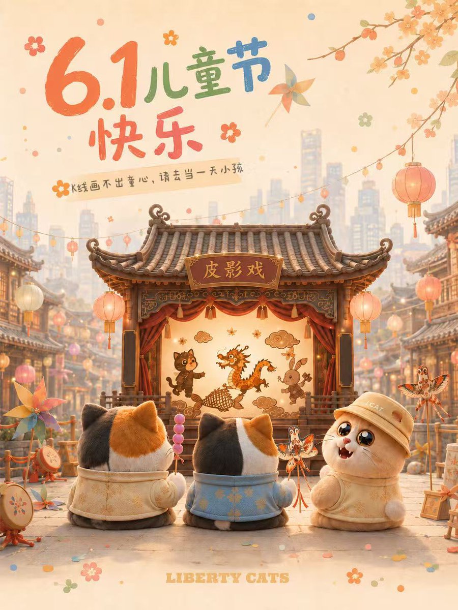Ryu_LCat's tweet photo. 早，儿童节快乐～

收到 @Unaye_11 做的六一儿童节图。

猫猫们一起看皮影戏，这个画面还挺有童年感。

今天就别一直盯盘、看行情了。

K 线画不出童心，账户也装不下快乐。

出门走走，晒晒太阳，吃点好吃的。 https://t.co/Tn24dK0DAU