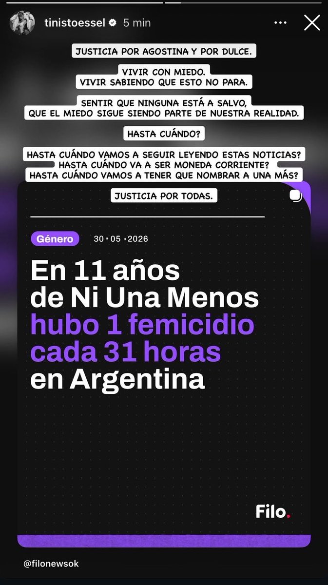 TINIData's tweet photo. “JUSTICIA POR AGOSTINA Y POR DULCE.

VIVIR CON MIEDO.
VIVIR SABIENDO QUE ESTO NO PARA.

SENTIR QUE NINGUNA ESTÁ A SALVO,
QUE EL MIEDO SIGUE SIENDO PARTE DE NUESTRA REALIDAD.

HASTA CUÁNDO?

HASTA CUÁNDO VAMOS A SEGUIR LEYENDO ESTAS NOTICIAS?
HASTA CUÁNDO VA A SER MONEDA CORRIENTE?
HASTA CUÁNDO VAMOS A TENER QUE NOMBRAR A UNA MÁS?

JUSTICIA POR TODAS.” TINI via Instagram