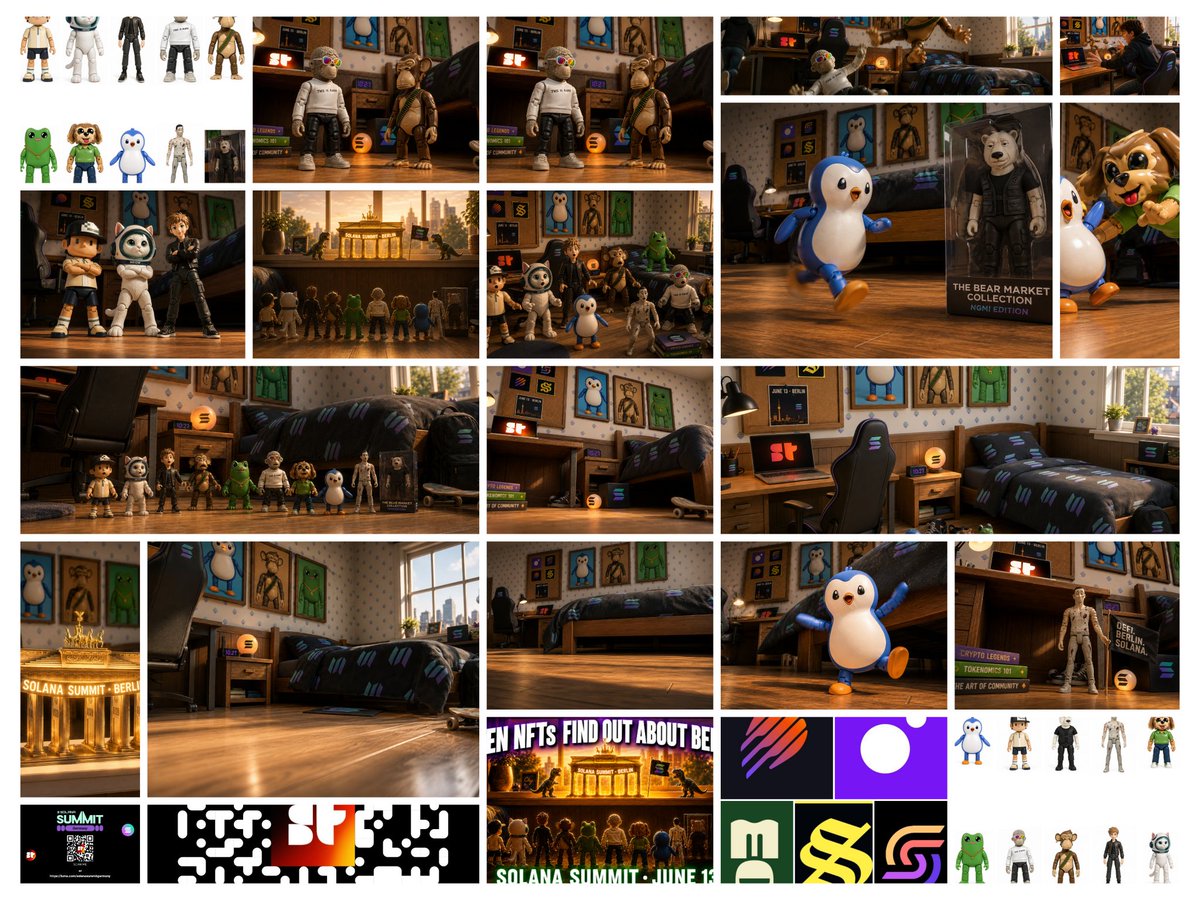 SultanXchain's tweet photo. 🎬 Complete Behind The Scenes: Solana Summit Berlin NFT Toy Animation

THE STORY IDEA

When I started thinking about how to promote the Solana Germany Summit, I didn't want to make another talking head video or a simple slideshow with event details. Everyone does that. I wanted something that would make people stop scrolling, watch till the end, and feel something.

Then it hit me.

The Bleacher Report World Cup Toy Animation. A video I had saved and rewatched multiple times because of how brilliantly it told a story: Soccer player action figures coming to life in a kid's bedroom, racing for the World Cup trophy. Pure Toy Story energy applied to a real world event. The concept was simple but the execution was cinematic gold.

And I thought, what if I did the same thing but for the Solana ecosystem?

The World Cup brought nations together in one country. The Solana Summit brings the biggest communities in crypto together in one city Berlin. The parallel was perfect.

But instead of soccer players, my characters would be NFTs turned into toy action figures. Not random NFTs the most recognizable, most beloved, most culturally significant NFT collections in the entire onchain world. Collections with millions of holders, billions in trading volume, and communities so passionate they'd recognize their favorite character anywhere.

Each NFT collection represents a different type of person in the Solana and broader crypto ecosystem.

Every single one of these communities has members who would want to be in Berlin on June 13th. 

By featuring their beloved collections as the main characters, the video speaks directly to each community and says "your people are already going. Are you?"

The story follows the classic Toy Story format, toys come alive when their owner leaves, chaos ensues, they discover something incredible, and they freeze the moment the owner returns. 

But the twist is that the incredible thing they discover is the Solana Summit itself represented by a glowing Brandenburg Gate on the windowsill with "SOLANA SUMMIT · BERLIN" lit up in gold.

The message is simple and powerful: Even toys know when something is too big to ignore. Your move.

... 🧵↓