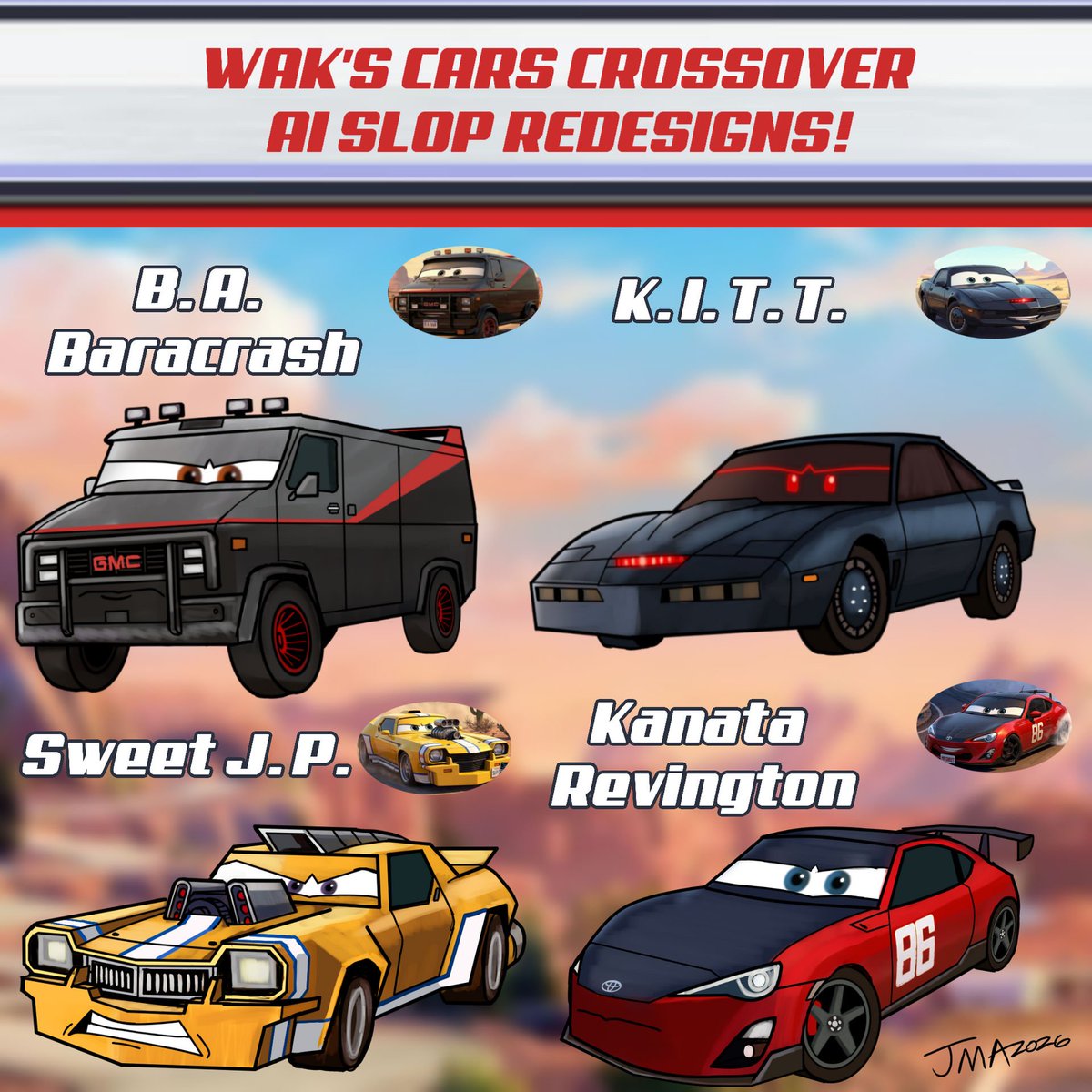 WaksWorld's tweet photo. MORE WHEELEDTHING CARS CROSSOVER AI JUNK. This time with two 80s dudes and two anime guys!

Also Redline is underrated, please watch it https://t.co/5Zaqj5bbTw