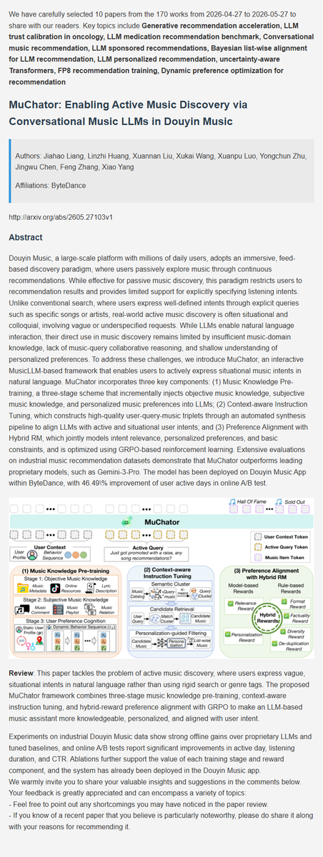 BayCoralee26992's tweet photo. Recommendation latest research progress | 4. MuChator: Enabling Active Music Discovery via Conversational Music LLMs in Douyin Music
#AI  #DeepLearning  #ArtificialInteligence  #Datascience  #Research  #recsys https://t.co/81FbrBxfTP