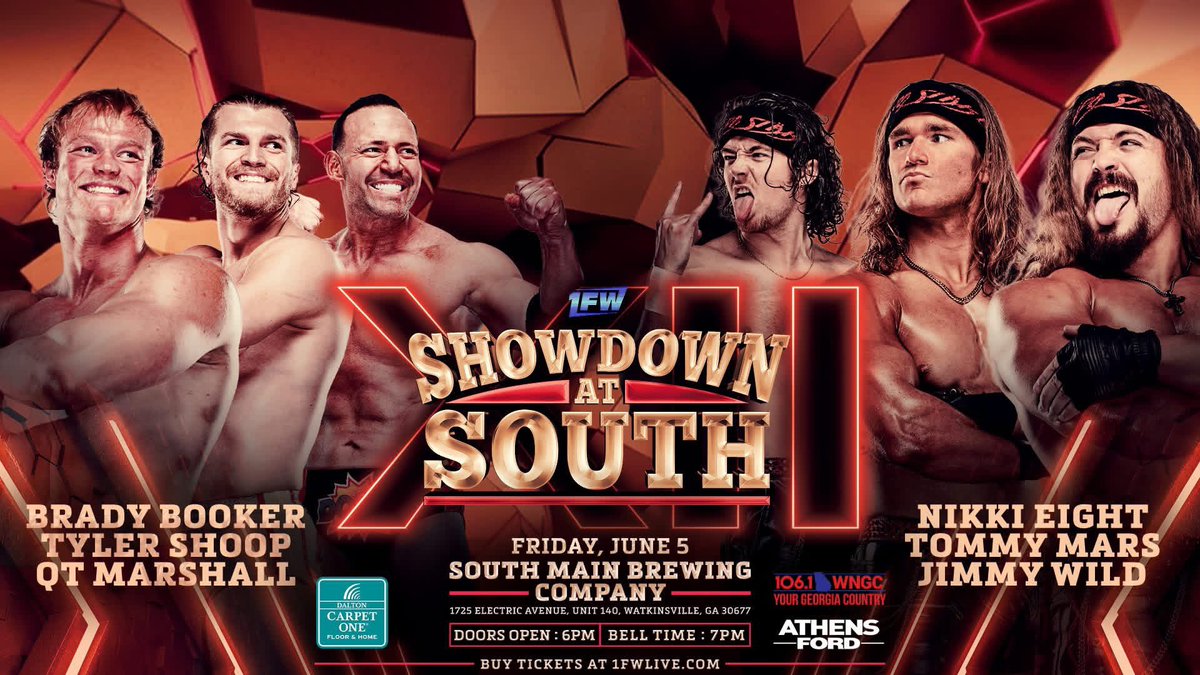 1FWrestling's tweet photo. Your Big Brody @bradybooker_ returns to 1FW 6/5 in Watkinsville, GA to team with @QTMarshall and @TylerShoop_ vs The SupaStarz @wildmanjones_ @_tommymars and @NIKKI_Eight 

Get your tickets at https://t.co/UdtbTFjUcl https://t.co/JsSJwtETQf
