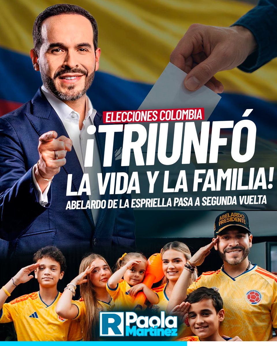 PaoMartinezOf's tweet photo. 🇨🇴🗳️ ¡TRIUNFO DE LA VIDA, LA FAMILIA Y LA LIBERTAD EN COLOMBIA! | @ABDELAESPRIELLA se impuso en la primera vuelta presidencial con más de 10 millones de votos, consolidándose como la principal alternativa frente a la izquierda en Colombia.

Ahora disputará la segunda vuelta contra Iván Cepeda, representante de la izquierda radical y de la continuidad del proyecto político impulsado por Gustavo Petro.
Millones de colombianos han enviado un mensaje claro: quieren un cambio basado en la defensa de la vida, la familia, la libertad religiosa y la seguridad.

#EleccionesColombia #AbelardoDeLaEspriella #Vida #Familia #Libertad #PaolaMartinez 💪🐷🩵 **