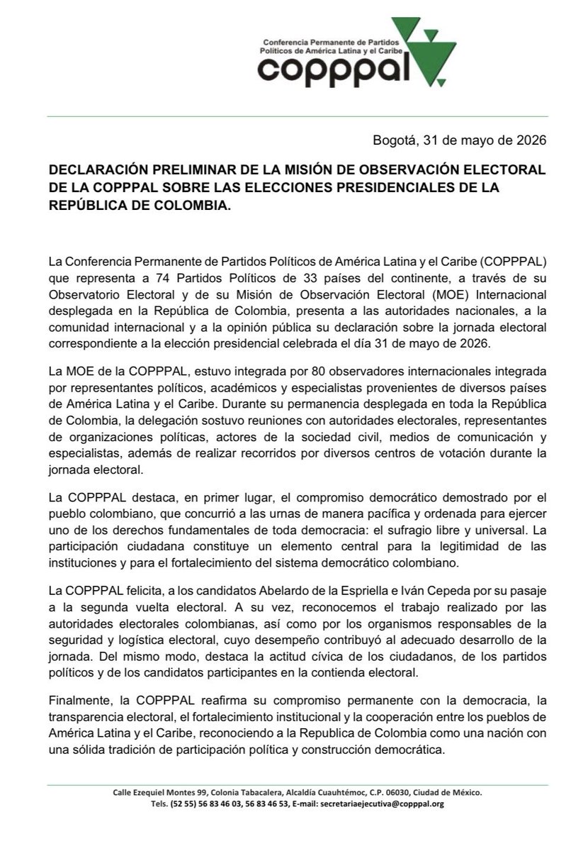 CopppalObserva's tweet photo. 🗳️🇨🇴Declaración de la @copppal_oficial con respecto a las elecciones de la República de Colombia del 31 de mayo de 2026. https://t.co/yLj0sOsNFb