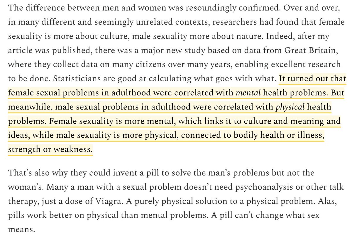 robkhenderson's tweet photo. "female sexual problems in adulthood were correlated with mental health problems...male sexual problems in adulthood were correlated with physical health problems. Female sexuality is more mental, which links it to culture and meaning and ideas...male sexuality is more physical" https://t.co/HBDTYSvDH9