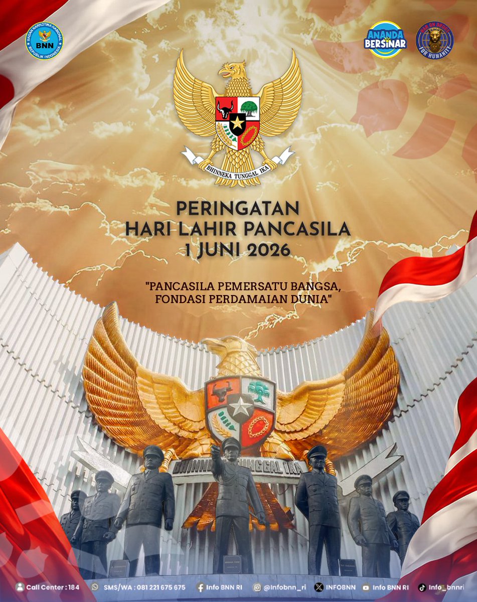 INFOBNN's tweet photo. Selamat Hari Lahir Pancasila, 1 Juni 2026.  
"Pancasila Pemersatu Bangsa, Fondasi Perdamaian Dunia"

Mari jaga persatuan, amalkan nilai-nilainya dalam tindakan nyata. Dari hal kecil di lingkungan kita, sampai langkah besar untuk Indonesia.

#HariLahirPancasila #Pancasila #BhinnekaTunggalIka 
#warondrugsforhimanity

Biro Humas dan Protokol BNN RI