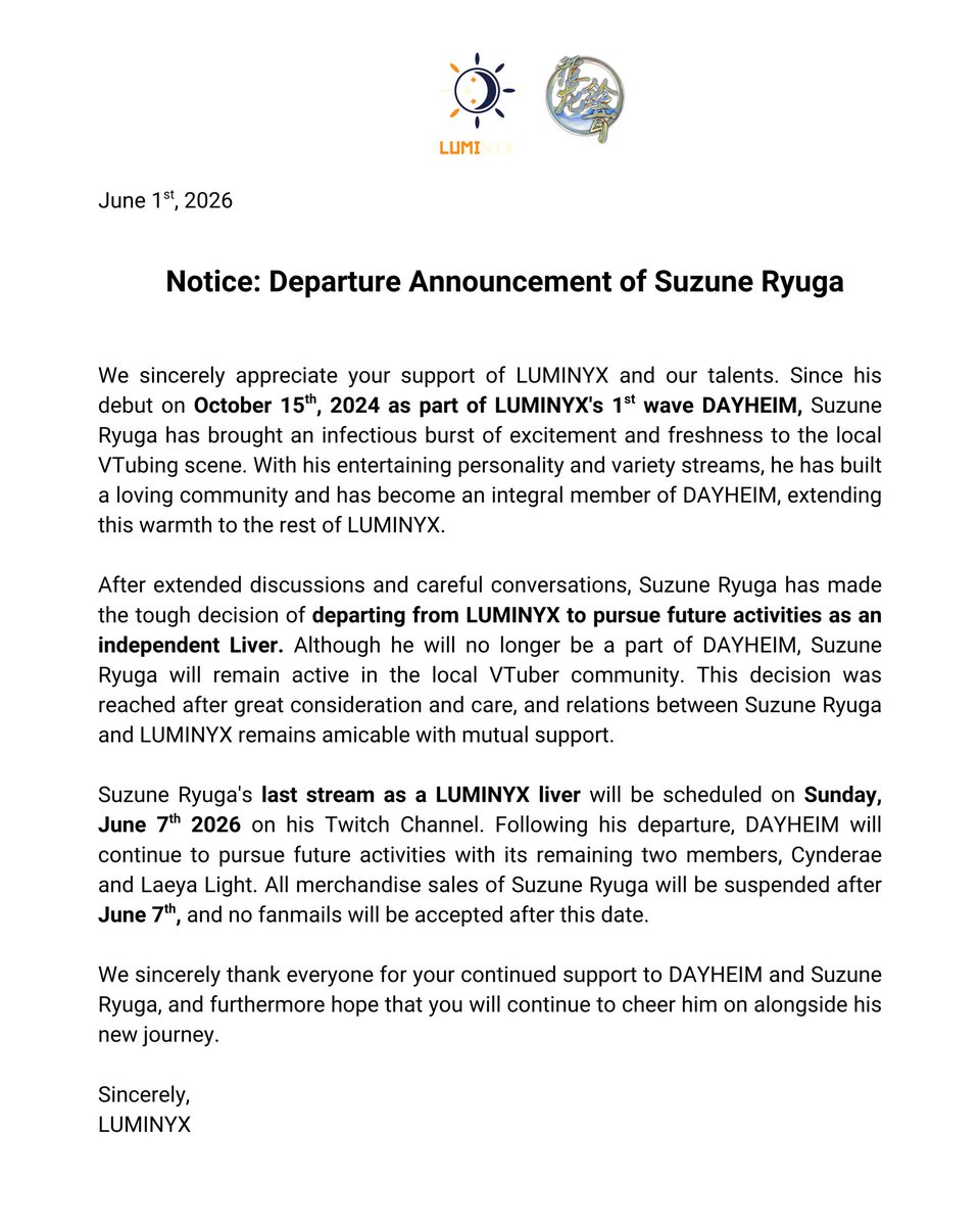 LUMINYX_twt's tweet photo. Departure Announcement of @SuzuneRyuga https://t.co/fOUEobQNCa