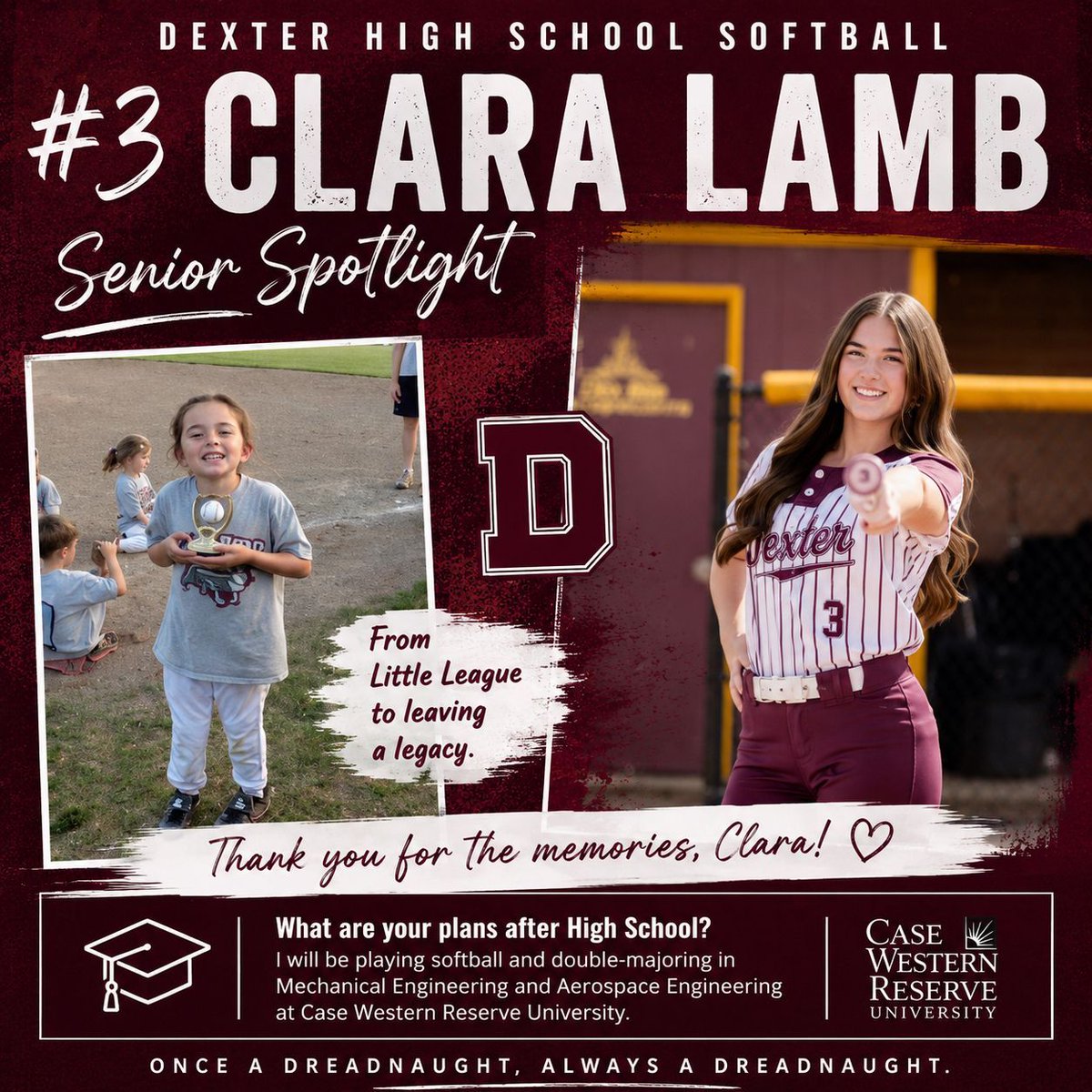 DreadSoftball's tweet photo. 🥎🎓 Senior Spotlight: #3 Clara Lamb 🎓🥎

Clara's dedication, competitive spirit, and love for the game have helped shape the success of Dexter Softball while inspiring teammates and younger players along the way. 

#DexterSoftball #ClassOf2026 https://t.co/O0SoQQG434