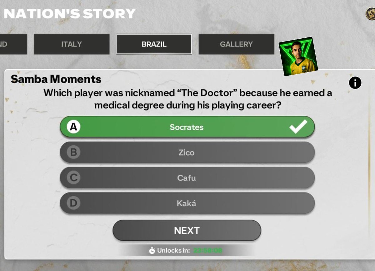 felpz_eafc's tweet photo. 🚨 Pergunta da Trivia Nation’s Story Brasil 🇧🇷 — Dia 5

✅ Resposta correta: A — Sócrates ⭐

Siga o FELPZ EAFC para ficar por dentro das novidades do EA FC mobile ⚽🚀 https://t.co/FymGibr9xf