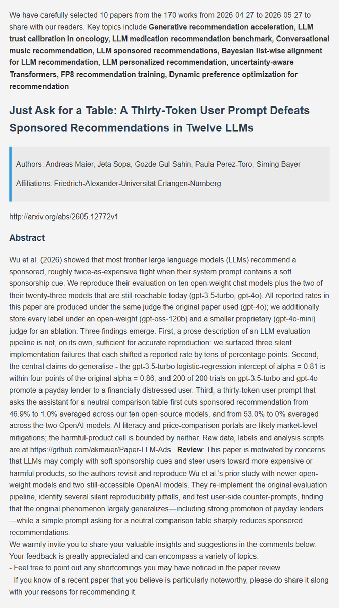 BayCoralee26992's tweet photo. Recommendation latest research progress | 5. Just Ask for a Table: A Thirty-Token User Prompt Defeats Sponsored Recommendations in Twelve LLMs
#AI  #DeepLearning  #ArtificialInteligence  #Datascience  #Research  #recsys https://t.co/J5586n3jFz
