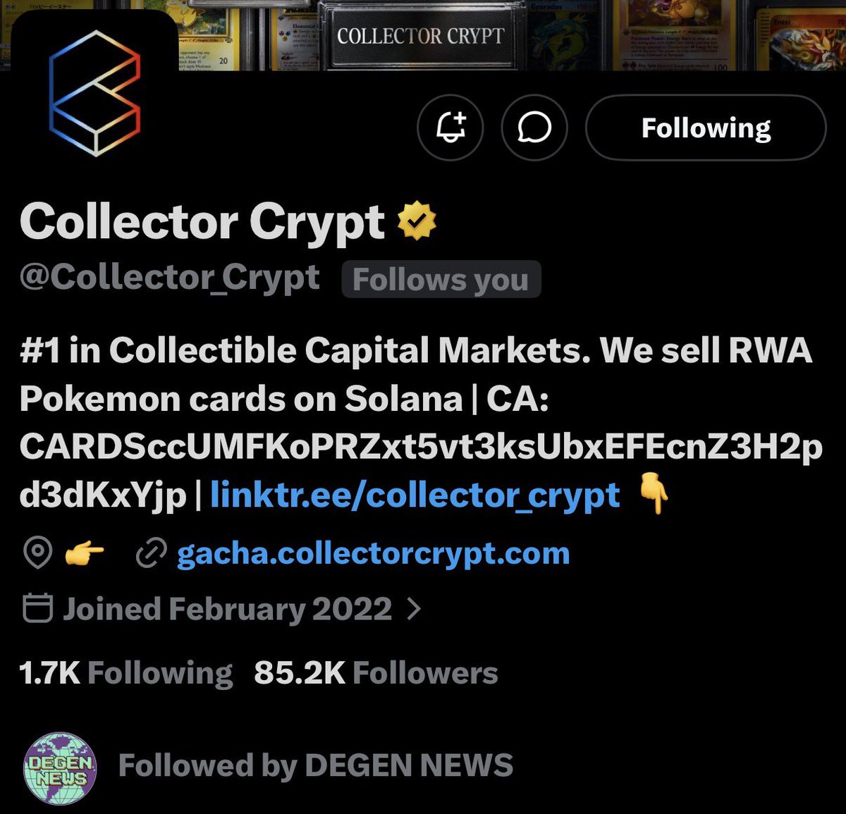 AmiCatCrypto's tweet photo. I'ven been with solana:CARDSccUMFKoPRZxt5vt3ksUbxEFEcnZ3H2pd3dKxYjp since the day they just got blue tick

Witnessing the golden tick upgrade next day made me doubling my bet

My position now +500% 
And I gain 1 follow form @Collector_Crypt 

Hats off to the most realistic ultility project in this market condition 🎩