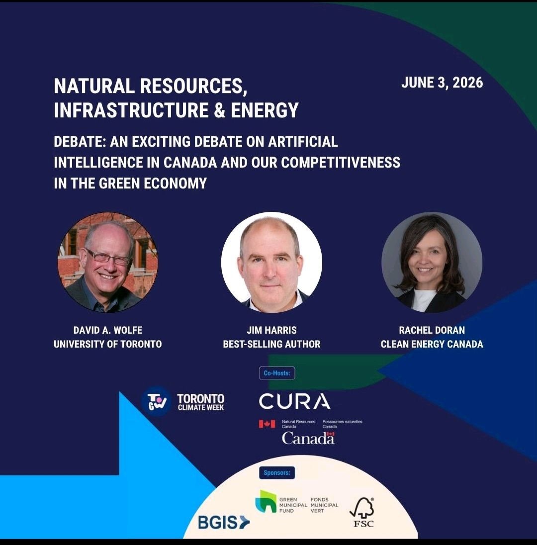 JimHarris's tweet photo. CLASH OF THE GREEN TITANS!

AI &amp; the Green Economy Debate during Toronto Climate Week: Jim Harris vs UofT Professor David Wolfe

Moderated by Clean Energy Canada's Rachel Doran

Natural Resources, Energy &amp; Infrastructure Flagship Event

Wednesday June 3

#Toronto #Climate https://t.co/8h5ynmUemS