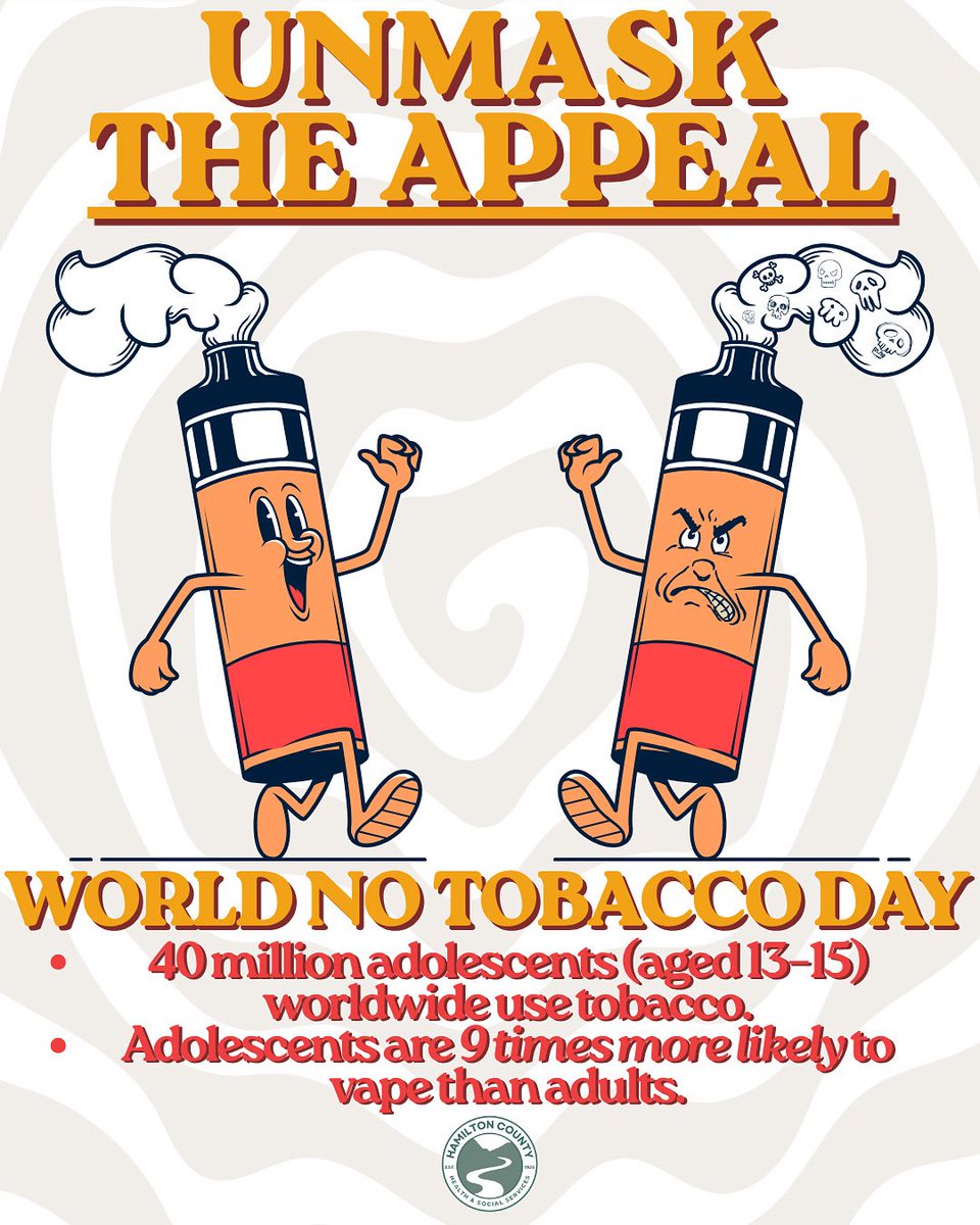 HamiltonHealth's tweet photo. Today is World No Tobacco Day! 
World No Tobacco Day aims to unite people under the shared mission of securing a tobacco and nicotine-free future. This year, the theme is “Unmasking the appeal – countering nicotine and tobacco addiction.” 
The campaign is raising awareness of the industry’s aggressive marketing to target young people overall and the next generations that follow. If you, or someone you know, needs help quitting tobacco and nicotine, please call (423)-209-8203
For more information regarding World No Tobacco Day, visit https://t.co/RUcTfjNgJK