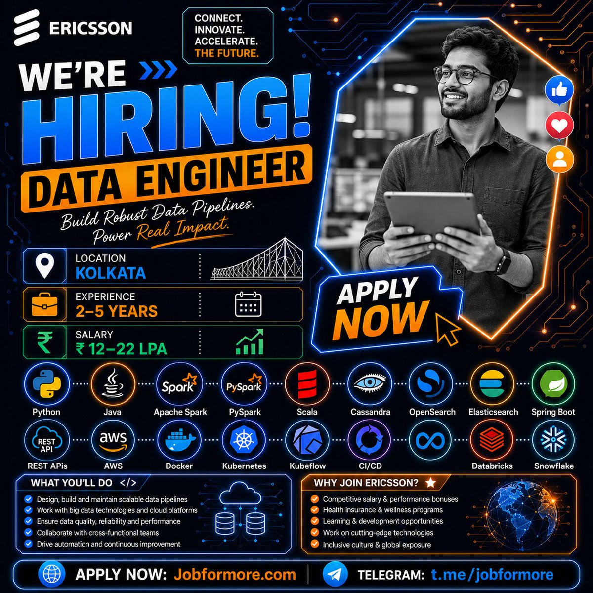 jobformore's tweet photo. 🚀 Data Engineer @ Ericsson
📍 Kolkata
🎓 BE/BTech/ME/MTech | 2–5 yrs
🔧 Python, Java, Spark, Cassandra, OpenSearch, Spring Boot, Docker, Kubernetes
💰 INR 12–22 LPA

#Jobformore #Ericsson #DataEngineer #Hiring #Kolkata

Apply: https://t.co/UGlxd22MV2 https://t.co/cFnY0EPq4n