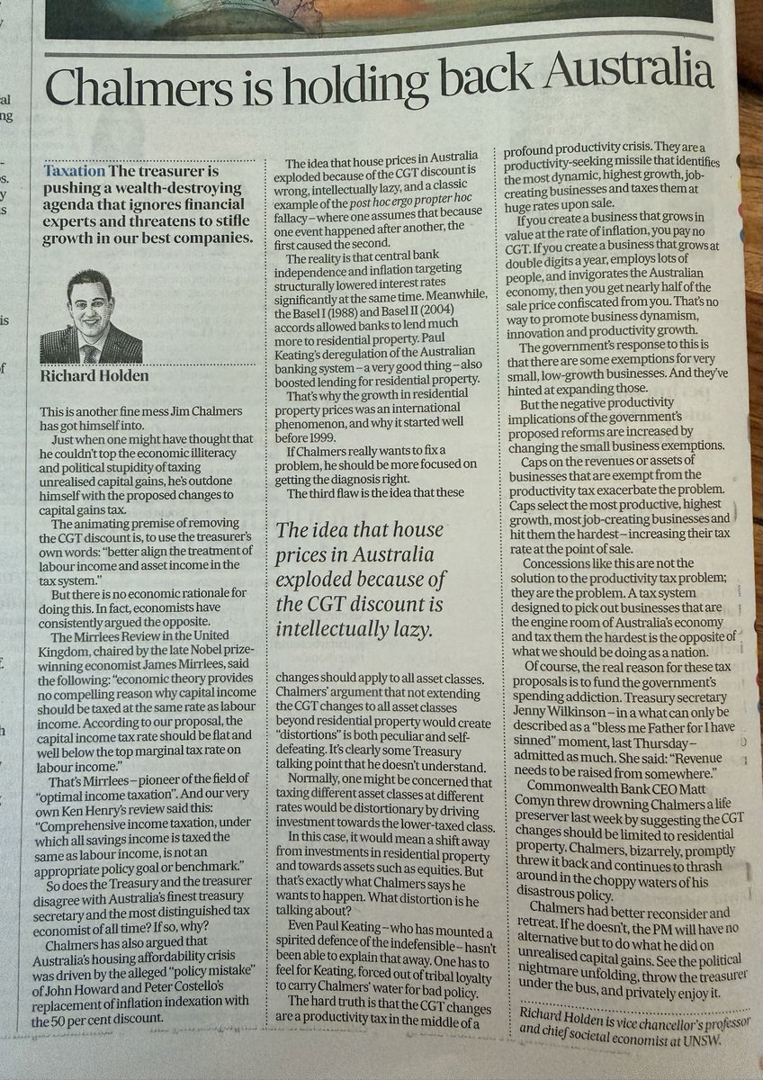clairlemon's tweet photo. Great article in the AFR today from @profholden. The proposed changes to CGT are an act of self-harm which will incentivise businesses to stay small and grow slowly--the opposite of what we should be doing in a productivity crisis. https://t.co/CPmTDRPedq