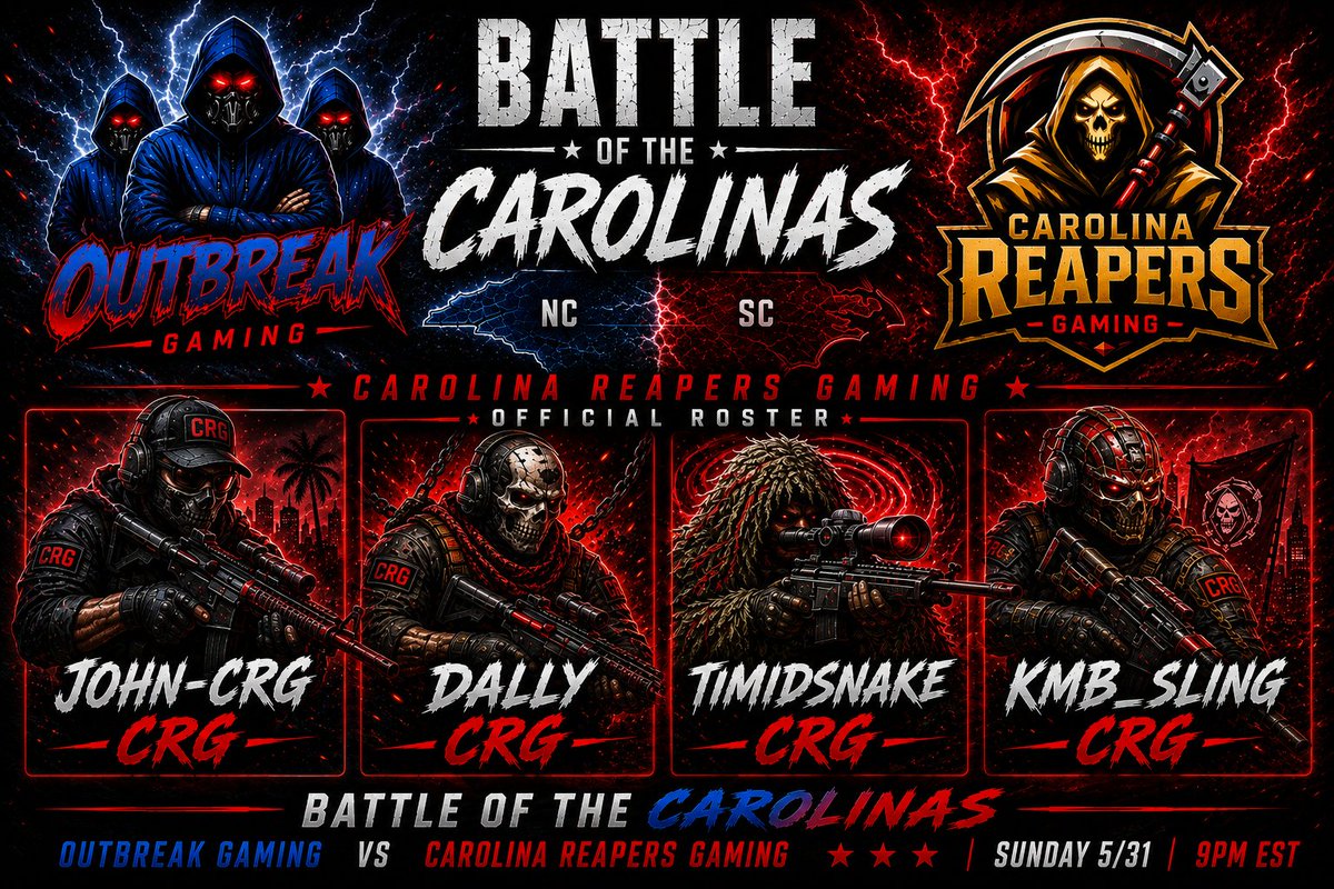 CarOutBreakG's tweet photo. The Battle for the Carolina's is LIVE!! We will be taking on @OutB_Gaming to see who truly owns the Carolina's! Tune in and show your Carolina Reapers Gaming some LOVE!! https://t.co/xAl1tvGkix https://t.co/DoAG2fuCUs