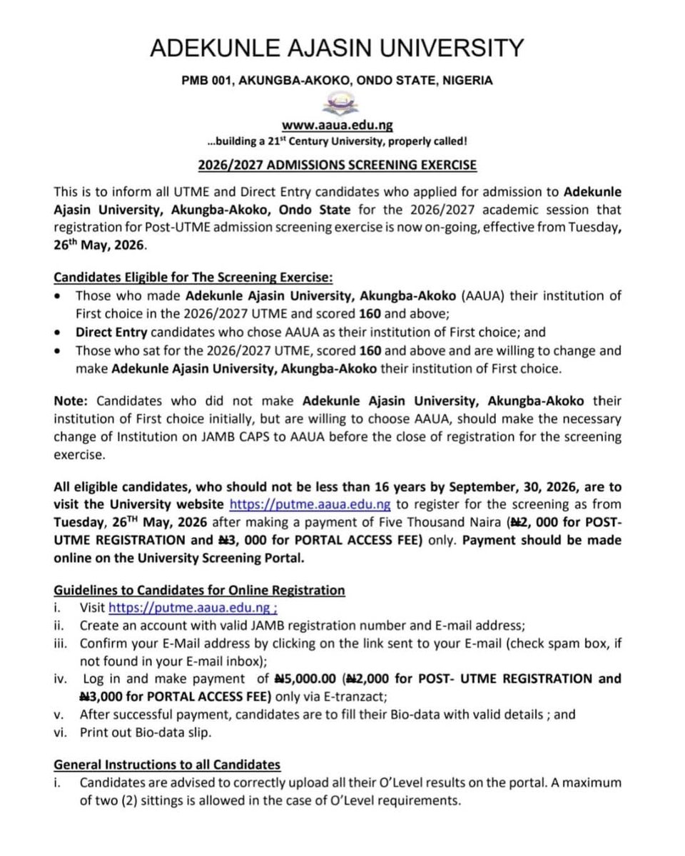 ucheanalysis's tweet photo. AAUA Post UTME Form 2026: Screening and Application Guide https://t.co/t5knkiYmlA