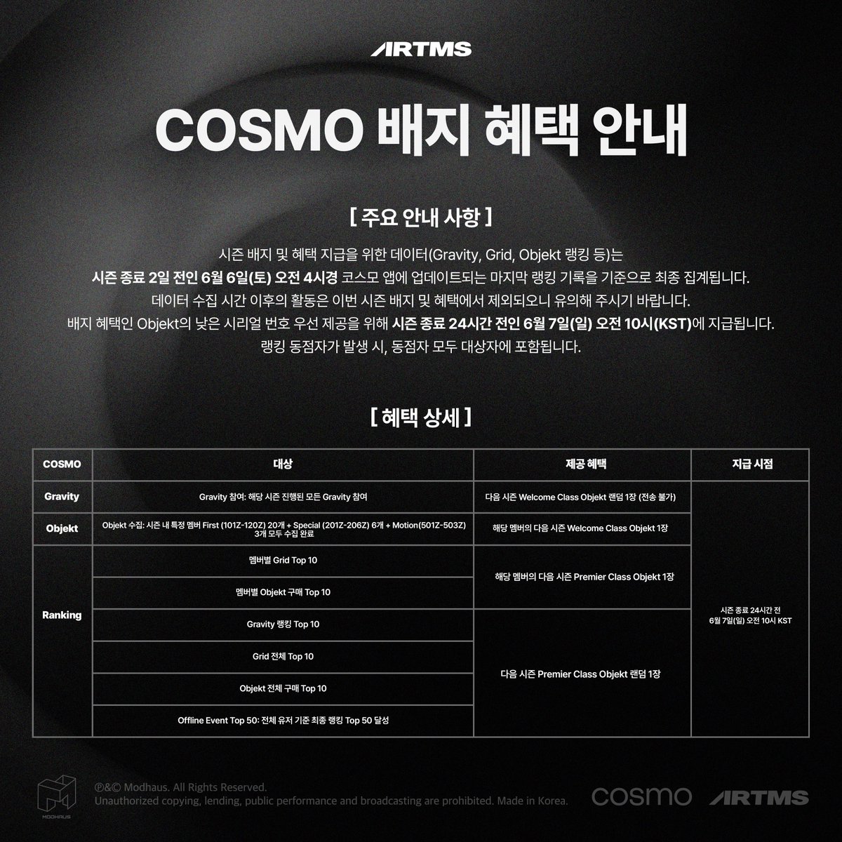ARTMS COSMO Badge Benefit Information 시즌 배지 및 혜택 제공을 위한 데이터(Gravity ...