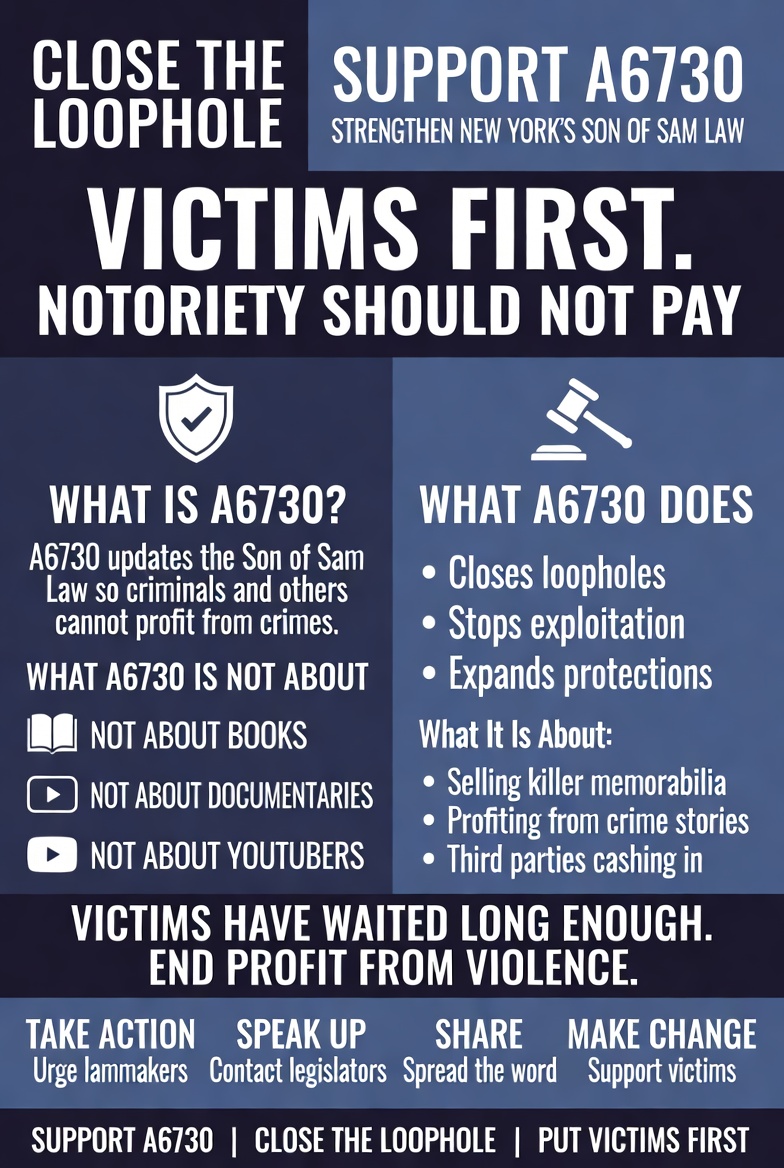 Catch_LISK's tweet photo. Victims should come first. Notoriety should NOT pay. 

New York’s Son of Sam Law has dangerous loopholes that let serial killers & third parties profit from tragedy. A6730 closes those loopholes. 

Support A6730 — put victims first. 
#CloseTheLoophole #SupportA6730 #VictimsFirst

@judygriffinny @LeroyComrie @NYSA_Majority @NYSenate