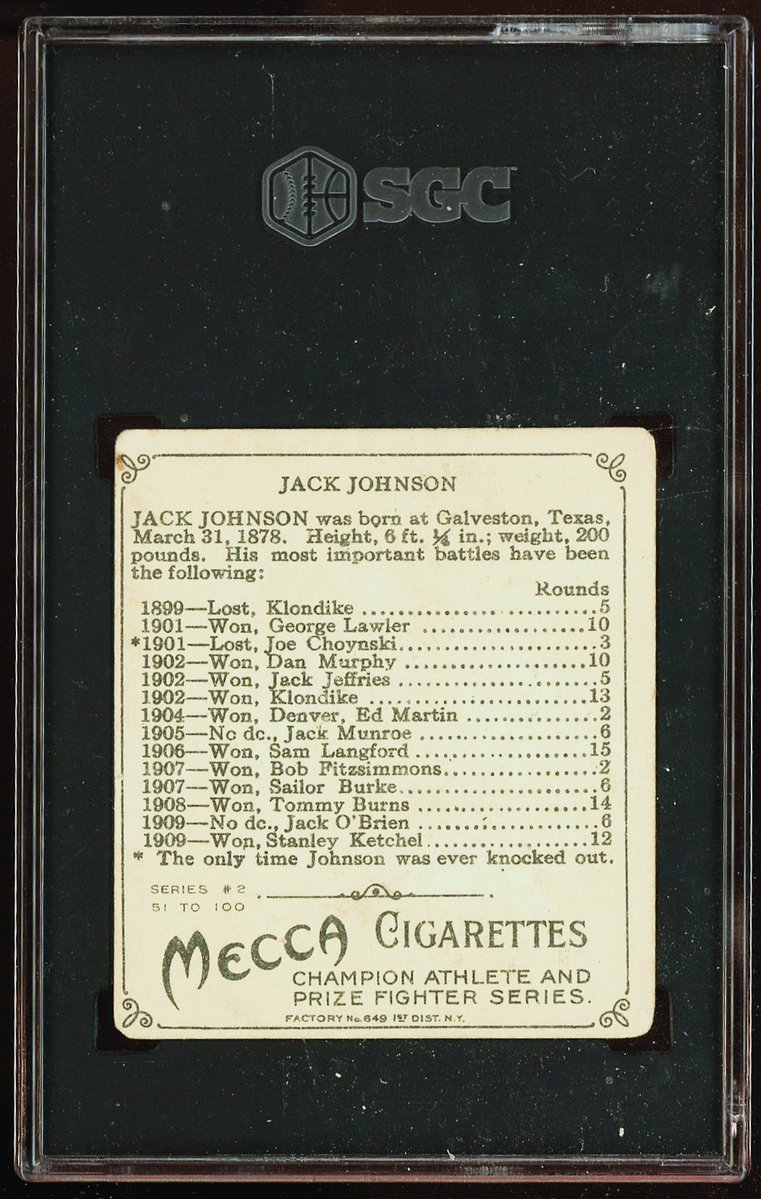 prewarcards's tweet photo. Jack Johnson's front-facing card in the 1910-12 T218 Champions set is the most valuable card in the set. Here's a stunning SGC 3 of the card. A PSA 3 recently sold for $400. Take this SGC 3 for $325 https://t.co/8R60iRkHEv