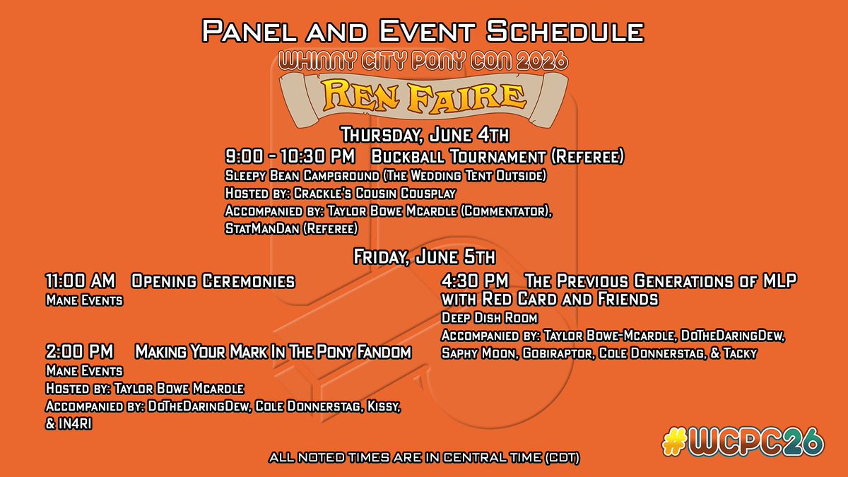 RedCard94's tweet photo. HEAR YE! HEAR YE! Thy shall be attending @WhinnyCityPony come this weekend, June 5-7, in the village of Schaumburg, IL.

Included is thy schedule of events thy shall be hosting or participating in.
*SUBJECT TO CHANGE*

Looking forward to reuniting with everypony!

#WCPC26 https://t.co/6m4BeIrn54