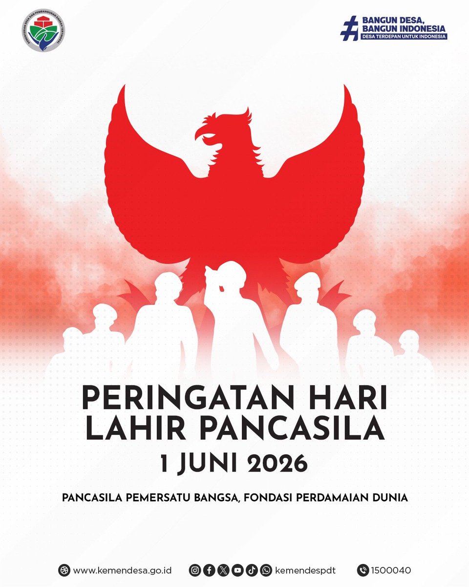 jeman_martin's tweet photo. Selamat Hari Lahir Pancasila, 1 Juni 2026.

Pancasila adalah pemersatu bangsa yang menuntun langkah Indonesia dalam keberagaman. 
#KemendesPDT
#BangunDesaBangunIndonesia
#PancasilaPemersatuBangsa
#FondasiPerdamaianDunia
#HariLahirPancasila2026 https://t.co/LcmolvltUs