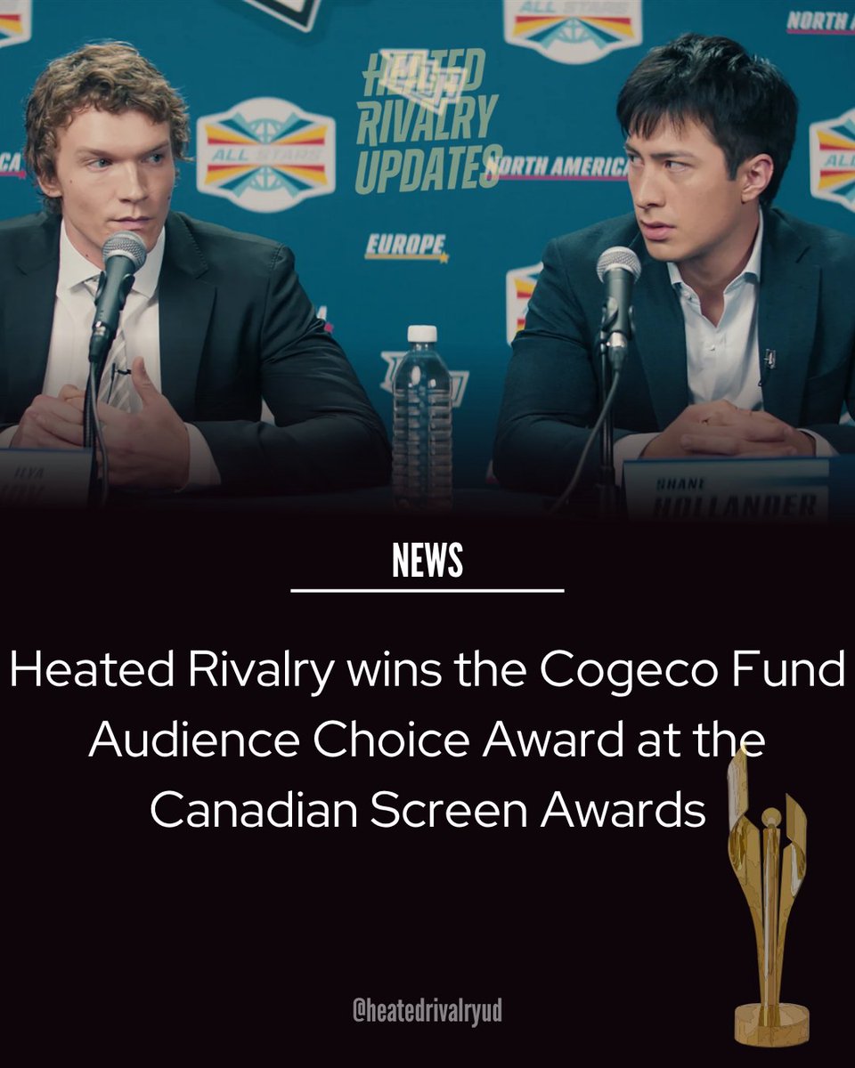 heatedrivalryud's tweet photo. 'HEATED RIVALRY' has won the Cogeco Fund Audience Choice Award at The 2026 Canadian Screen Awards. https://t.co/J7CQbN8l0e