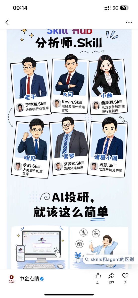 ccchhjdue's tweet photo. 中金刚刚发布的 分析师 skill 有 6 个不同方向的分析师 
 看了两三年了中金的分析 关于美国宏观还是准的 分析国内就忽略吧 https://t.co/fjnGmWgLOf