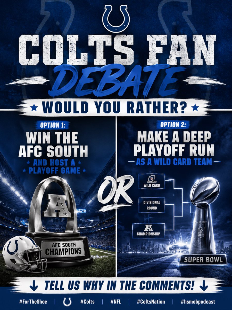 HSMobPodcast's tweet photo. Would you rather see the Colts win the AFC South or make a deep playoff run as a Wild Card team? #ForTheShoe #Hsmobpodcast https://t.co/oxyPsjQBSe