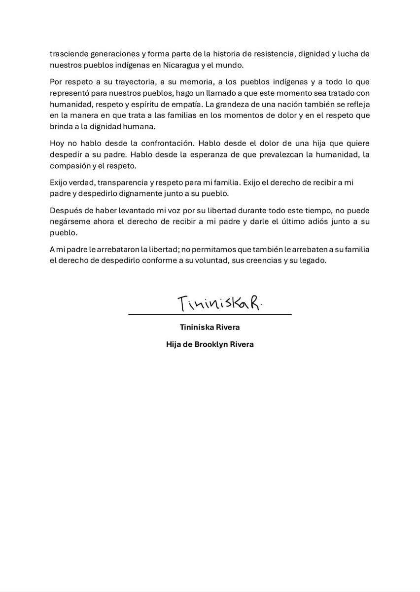 Sacuanjoche09's tweet photo. Tininiska Rivera, hija de Brooklyn Rivera, desmiente a la dictadura: ningún familiar estuvo en su final. Pide la dejen entrar a Nicaragua con acompañamiento y dice que nadie tiene derecho a decidir sobre su padre. https://t.co/hk101izLpM