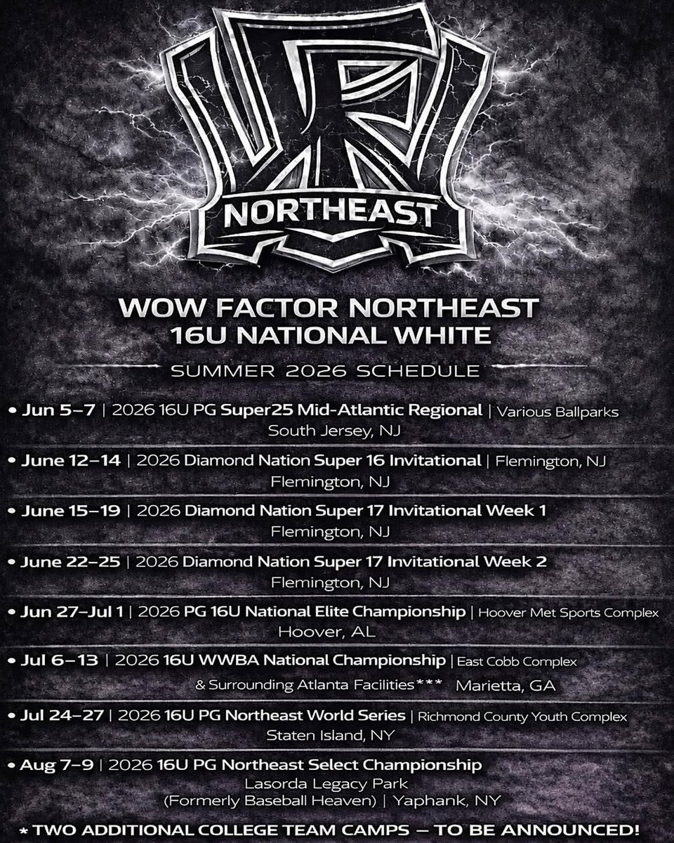 LiamCruz1828's tweet photo. This is my Summer 2026 schedule with Wow Factor Northeast 16u.
@WowFactor_NE 
@velouniversity 
@jagresti5 https://t.co/3oddFUeuxm