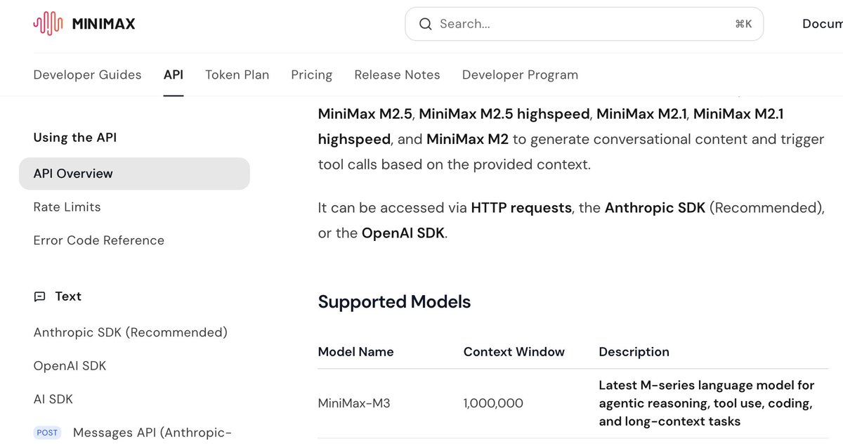 mr_r0b0t's tweet photo. @MiniMax_AI M3 has arrived! 😍
"Latest M-series language model for agentic reasoning, tool use, coding, and long-context tasks"
Context Window: 1,000,000 https://t.co/WdT4SdKtyv