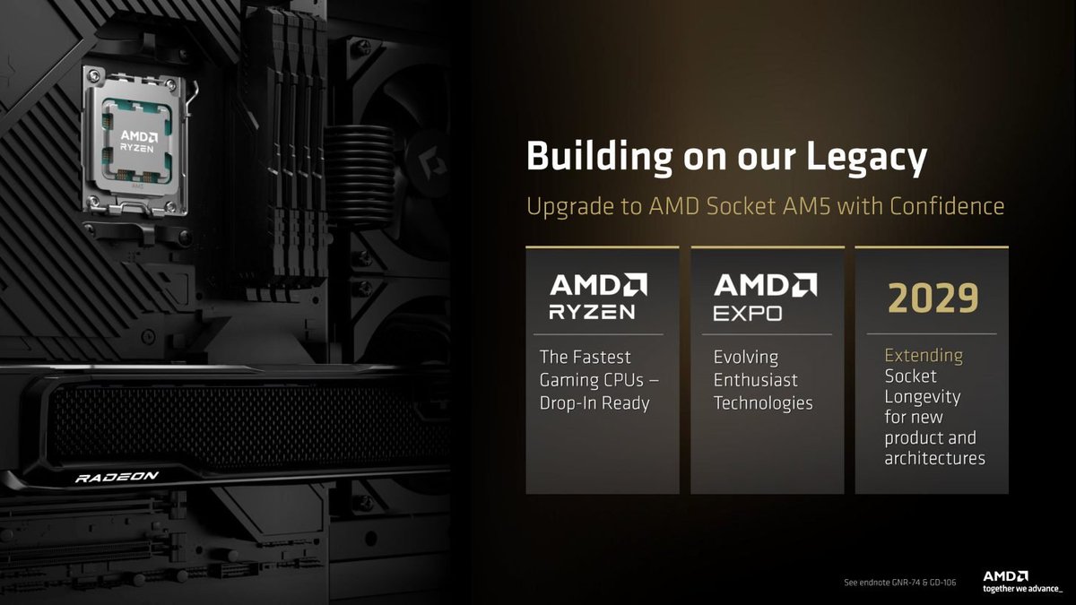 AMD_AR_'s tweet photo. 🚨| رسميًا AMD تمدد دعم منصة AM5 حتى عام 2029 ✅️

أكدت AMD خلال Computex 2026 تمديد العمر الافتراضي لمنصة AM5 حتى عام 2029، متجاوزةً بذلك وعدها السابق الذي كان يمتد حتى عام 2027 وما بعده.

ويعني ذلك أن المنصة ستواصل استقبال أجيال جديدة من معالجات Ryzen المستقبلية، بما في ذلك معالجات Zen 6، مع توقع استمرار الدعم لمعالجات ومعماريات إضافية لاحقًا.

وبهذا تتجه AMD لمنح منصة AM5 عمرًا افتراضيًا قد يصل إلى 7 سنوات و أكثر، لتصبح واحدة من أطول المنصات دعمًا في سوق الحواسيب المكتبية.