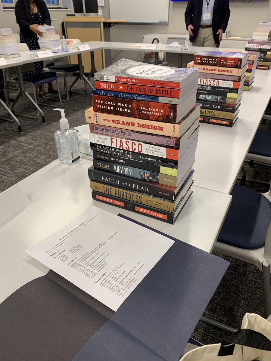 AdamSeipp's tweet photo. #summsem26. Great dinner with the fellows and our hosts tonight - plus a big stack of books for everyone to read and discuss. @SMH_Historians @VMIHistory https://t.co/GUAqbMeFYt