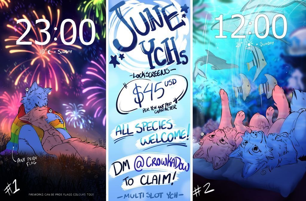 Crowkadow's tweet photo. 🎆  June YCHs 🎆
Last lockscreen ychs for a while!
💙First Come, First serve
🐠 🐰 All species, body types and designs welcome!
 💌  DM me to claim a slot! https://t.co/GIErQW2HwU