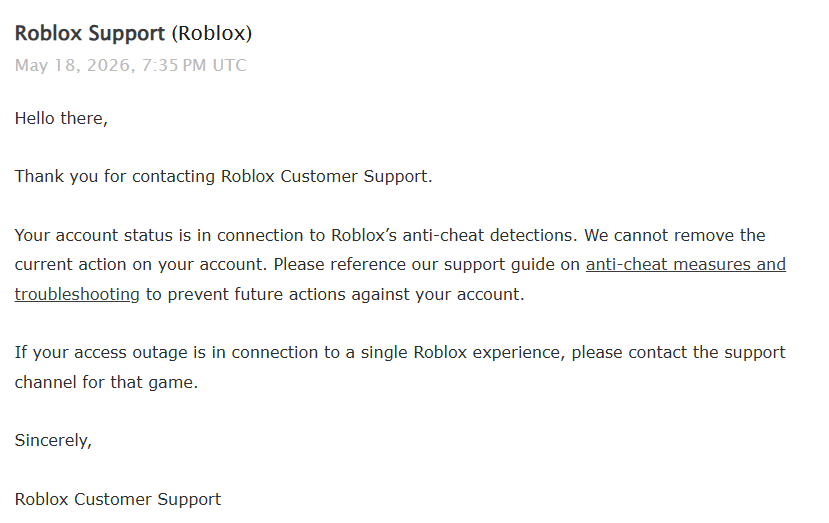 RoGameNews's tweet photo. Roblox recently updated its support system to automatically respond to certain account ban appeals. If you're found to have misused Roblox systems, you may no longer receive a response from a human.

#RobloxDevs #RobloxDev #Roblox #RobloxUpdate #AI #New #Support https://t.co/V2mqZ6bRIC