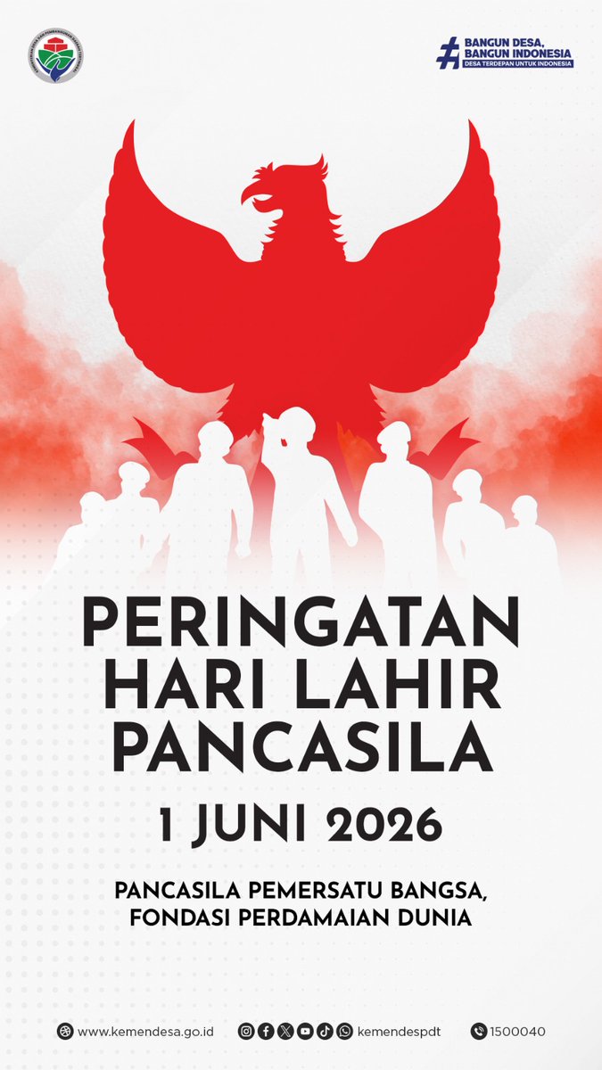 kemendespdt's tweet photo. Selamat Hari Lahir Pancasila, 1 Juni 2026.

Pancasila adalah pemersatu bangsa yang menuntun langkah Indonesia dalam keberagaman. https://t.co/eK45vH7kMX