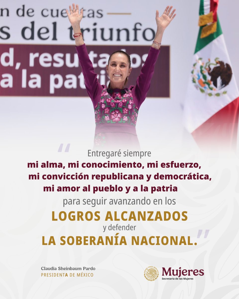 mujeresgobmx's tweet photo. 🇲🇽 ¡Honestidad, resultados, amor al pueblo y a la patria!

La ComandantA Suprema de las Fuerzas Armadas, @Claudiashein, la primera mujer presidentA que eligiera el pueblo de México hace dos años, el pasado 1ro de junio de 2024, hoy rindió cuentas ante su país.

Su trabajo y entrega pone el ejemplo de lo que significa el servicio público, que se guía por el Humanismo Mexicano y que transforma a diario la vida de las personas.

#ClaudiaDaResultados