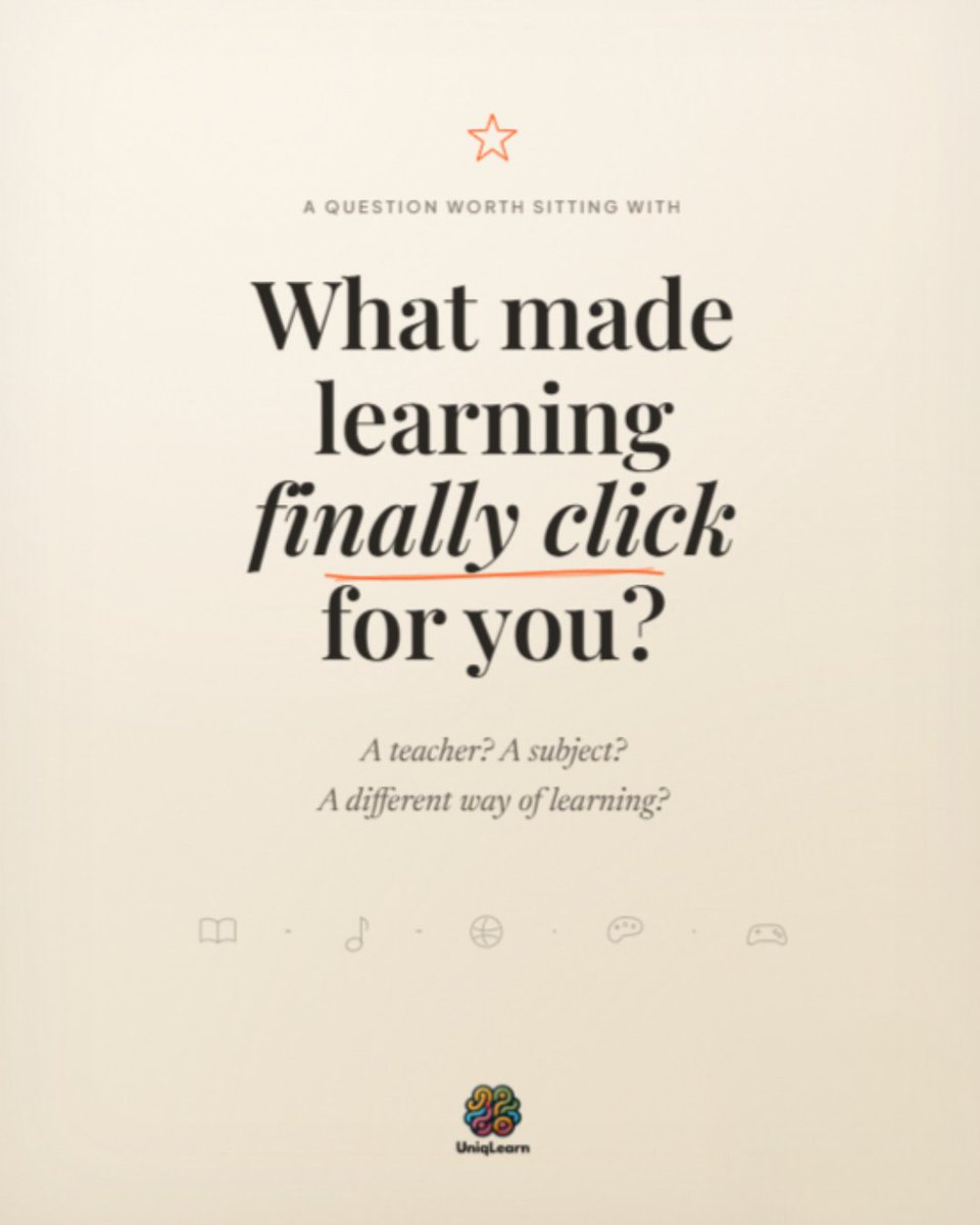 UniqLearn's tweet photo. What made learning finally click for you?

A teacher?
A subject?
A different way of learning?

👇 Answer in the comments. We want to hear your story.

#Education #EdTech #PersonalizedLearning https://t.co/MBIF9NJ3Pv