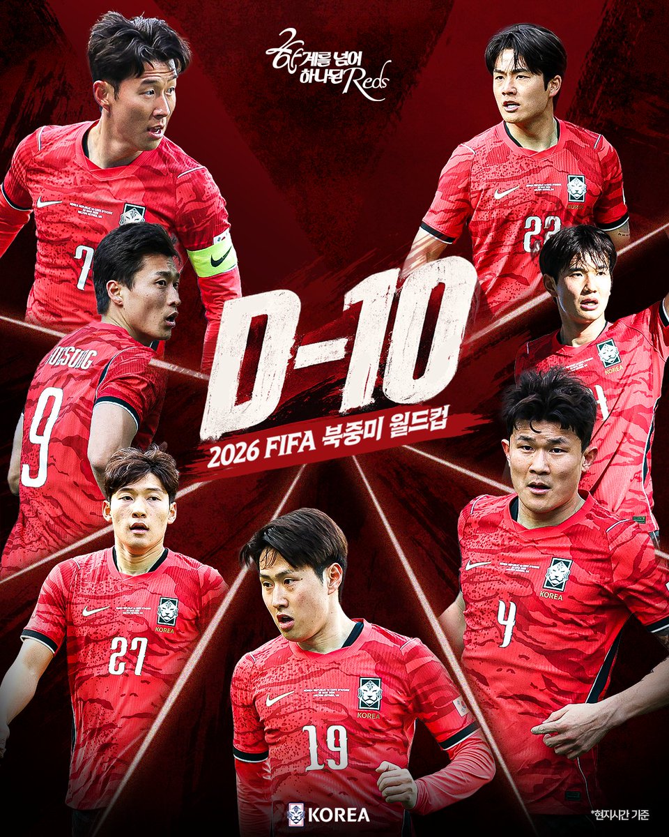 theKFA's tweet photo. 2026 FIFA 북중미 월드컵 D-10

마침내 코앞으로 다가온 우리의 꿈.
열흘 후, 태극전사의 발끝에서 대한민국 축구의 새로운 역사가 시작됩니다.

한계를 넘어 하나된 𝐑𝐞𝐝𝐬✨

#대한민국 #축구국가대표팀 #FIFAWorldCup2026 https://t.co/tUkRbHzUfN